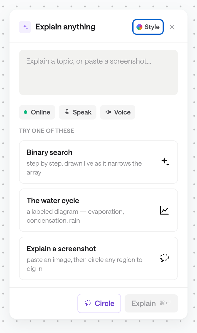 The Explain anything panel, with suggestions for binary search, the water cycle, and explaining a screenshot